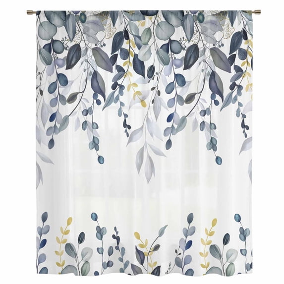 Blue Grey Eucalyptus Sheer Curtains 63 Inches Long, Watercolor Spring Weeping Botanical Light Filering Curtains, Breathable Simi Curtain Privacy Drapes for Living Room Bedroom Window Treatment