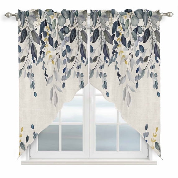 Blue Grey Eucalyptus Swag Valances for Windows 2 Pack, Kitchen Window Curtains 36 Inch Length, Farmhouse Weeping Leaves on Linen Privacy Swag Curtains for Living Room/Bathroom with Rod Pocket 36"x36"