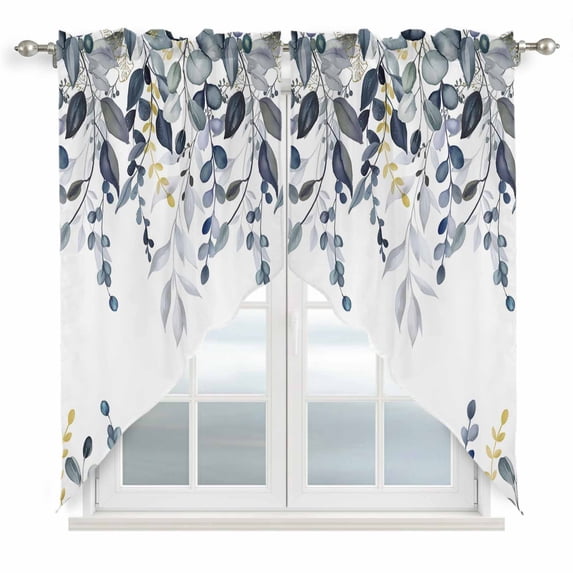 Blue Grey Eucalyptus Swag Valances for Windows 2 Pack, Kitchen Window Curtains 36 Inch Length, Watercolor Spring Weeping Botanical Privacy Swag Curtains for Living Room/Bathroom 36"x36"