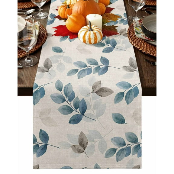 Blue Grey Eucalyptus Table Runner-Cotton Linen- 90 Inch Holiday Dresser Scarves, Fall Botanical Floral Leaves Beige Tablerunner for Kitchen Coffee/Dining Bedroom Living Room Dinner Scarf Décor 13x90