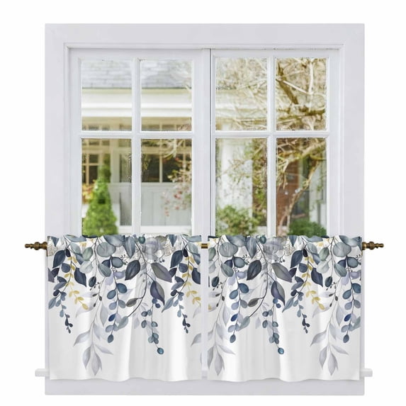 Blue Grey Eucalyptus Tier Curtains 36 Inch Length, Watercolor Spring Weeping Botanical Cafe Short Curtains for Bathroom Over Sink, Small Kitchen Curtain Light Filtering Drapes 2 Panels 27.5"Wx36"L