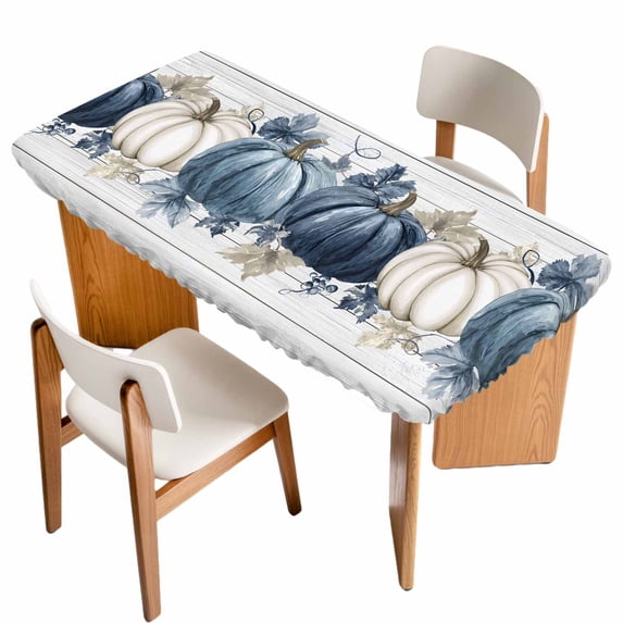 Blue Grey Fall Table Cloths for 5 Foot Rectangle Tables, Vintage Thanksgiving Botanical Patio Waterproof Elastic Fitted Tablecloths, Washable Rectangular Table Cover for Camping