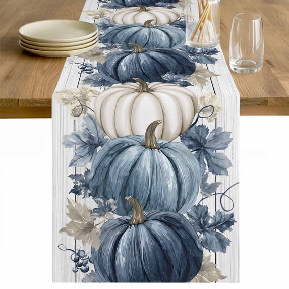 Blue Grey Fall Table Runner 48 Inches Long Farmhouse Dress Scarves, Vintage Thanksgiving Botanical Dining Tablerunner for Coffee Table/Kitchen Island/Party Décor, 13" x 48"