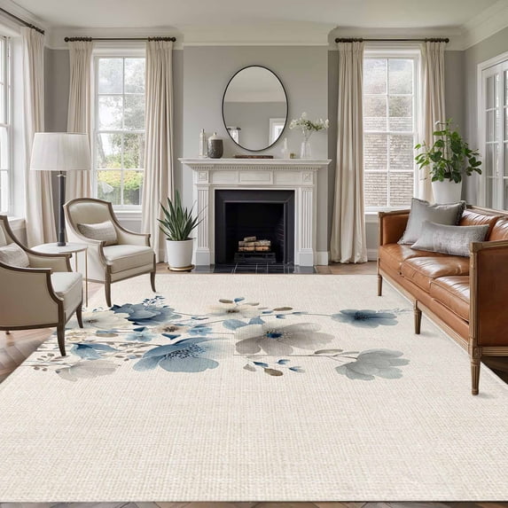 Blue Grey Floral Area Rugs 5'x7', Washable Small Throw Rugs for Laundry Room Playroom, Watercolor Flowers Linen Texture Indoor Outdoor Rug Non-Slip Low Pile Carpet Runner Reversible Floor Mats