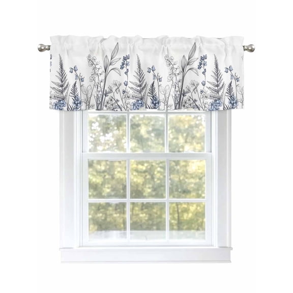 Blue Grey Floral Leaves Curtain Valances for Windows, Watercolor Flowers Kitchen Valance Window Treatment, Light Filtering Block Curtains for Bathroom/Bedroom/Living Room 54'' x 18''