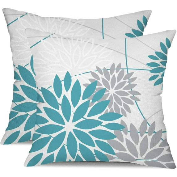 Blue and Grey Floral Pillow Covers 18x18 Set of 2 Outdoor Waterproof Decorative Throw Pillows Summer Pillow Covers Polyester Cushion Case Decor for Couch Patio Funiture Garden Porch 011A18