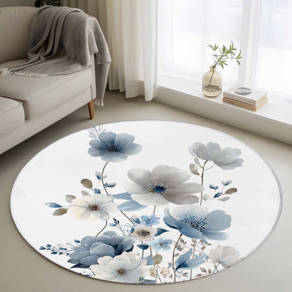 Blue Grey Floral Round Area Rug 3.3Ft Washable Circle Rugs for Dining Room Table, Watercolor Flowers Farmhouse Non-Slip Carpet Floor Mats Indoor Outdoor Carpet Runner Aesthetic Home Decor