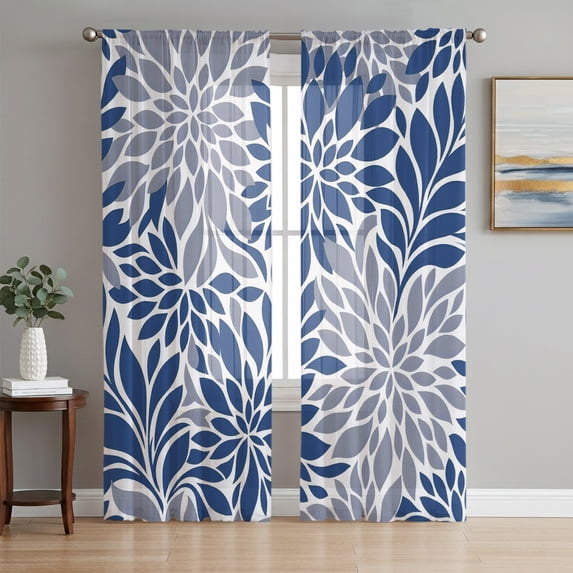 Blue Grey Floral Sheer Curtains 96 Inch Length 2 Panels Set, Vintage Abstract Art Farmhouse Voile Window Treatment Semi Sheer Long Curtains Drapes for Bedroom/Living Room/Kitchen 52"x96"x2