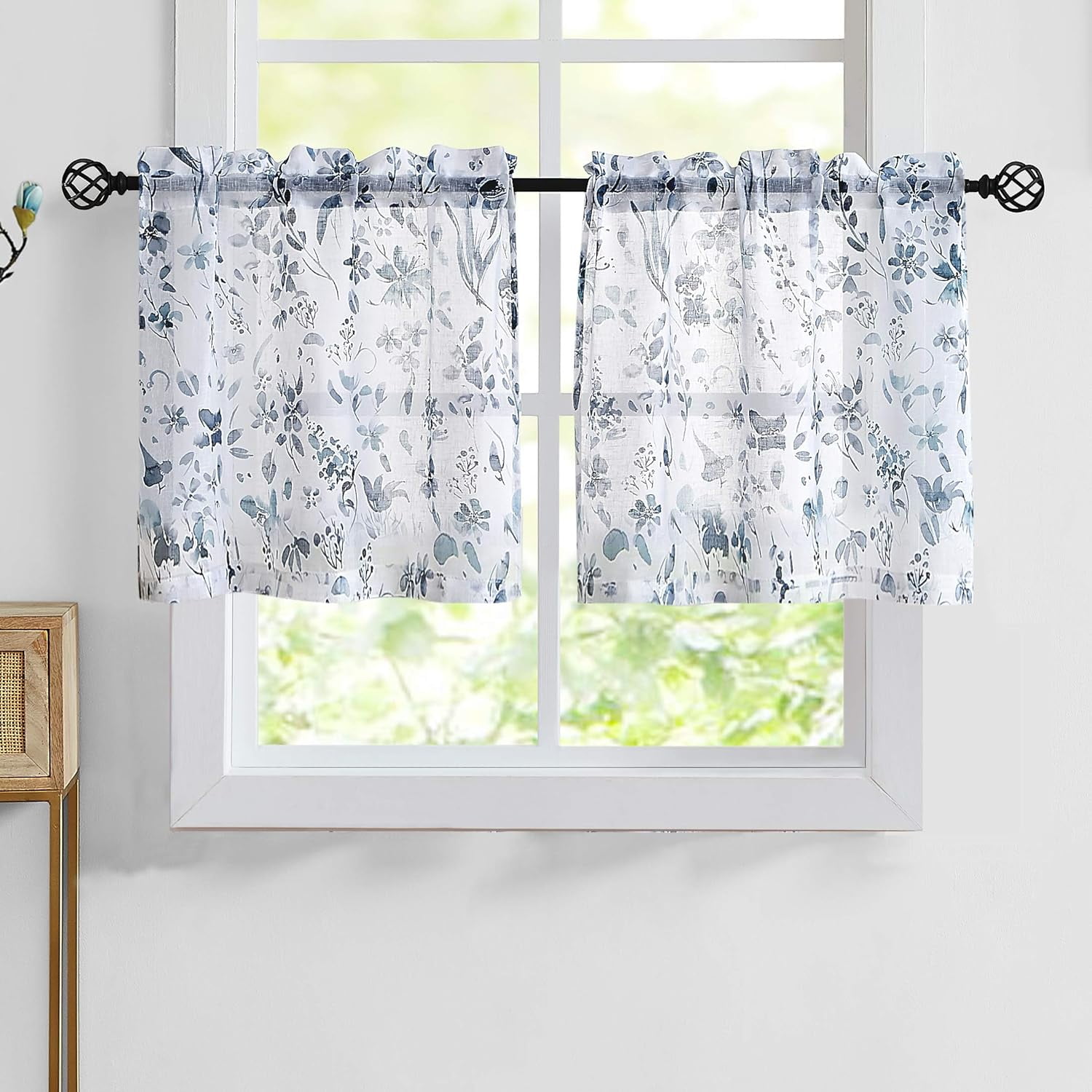 Blue and Grey Floral Small Window Curtains for Bathroom Kitchen Curtains 24 inch Length Print Flower Sheer Cafe Curtain Window Treatment Set for Bathroom,28" W x 24" L 2 Panels Rod Pocket
