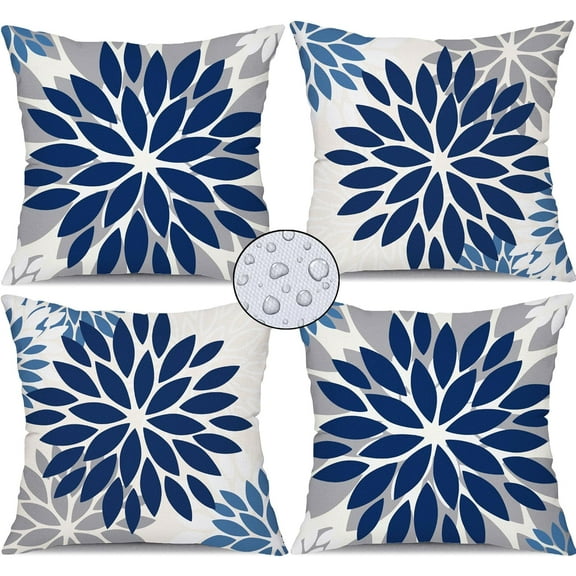 Blue Grey Flower Pillow Covers 16x16 Inch Set of 4 White Blue Colored Throw Pillows Outdoor Waterproof Decor for Living Room Sofa Patio Funiture Garden Floral Linen Cushion Case 008D