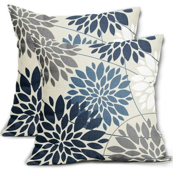 Blue Grey Flower Pillow Covers 18x18 Inch Set of 2, Gray White Dahlia Colored Floral Line Pattern Decorative Throw Pillowcases Outdoor Farmhouse Cushion Covers Summer Holiday Sofa Couch Bed Decor