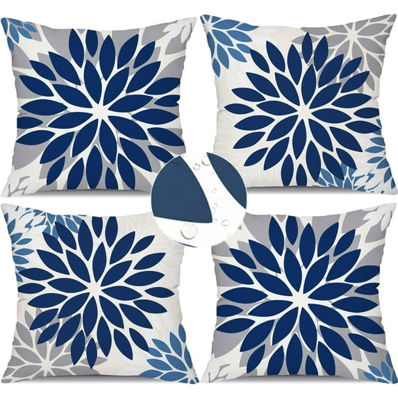 Blue Grey Flower Pillow Covers 18x18 Inch Set of 4 White Blue Colored Throw Pillows Outdoor Waterproof Decor for Living Room Sofa Patio Funiture Garden Floral Linen Cushion Case 008D
