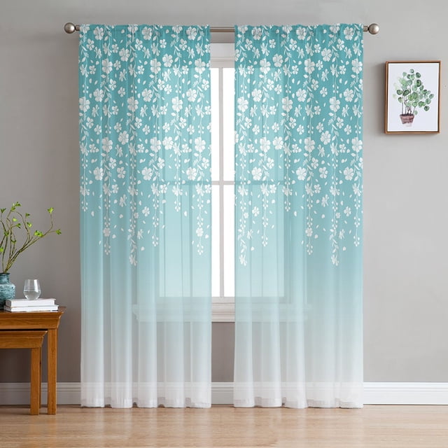 Blue Grey Flower White Background Sheer Curtains for Living Room
