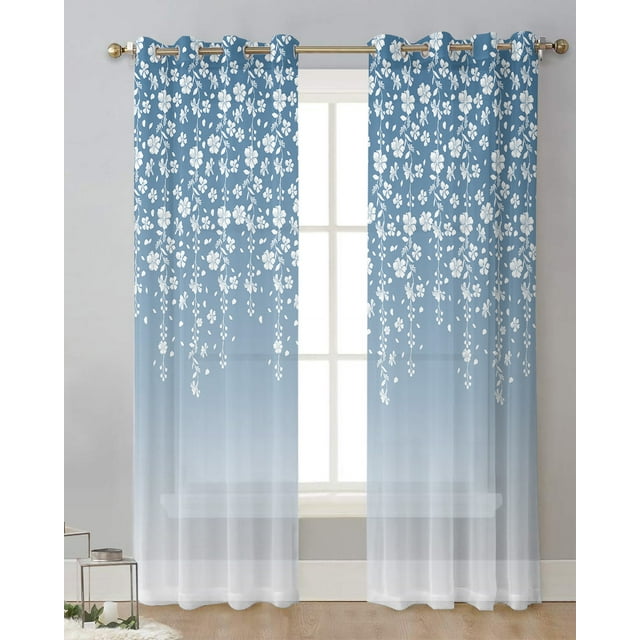 Blue Grey Flower White Background Tulle Living Room ration Transparent