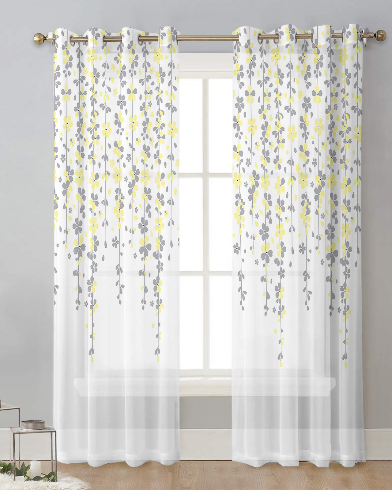 Transparent Rations Blue Grey Flower White Background Tulle Living Room ration Transparent ...