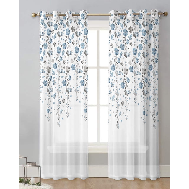Blue Grey Flower White Background Tulle Living Room ration Transparent