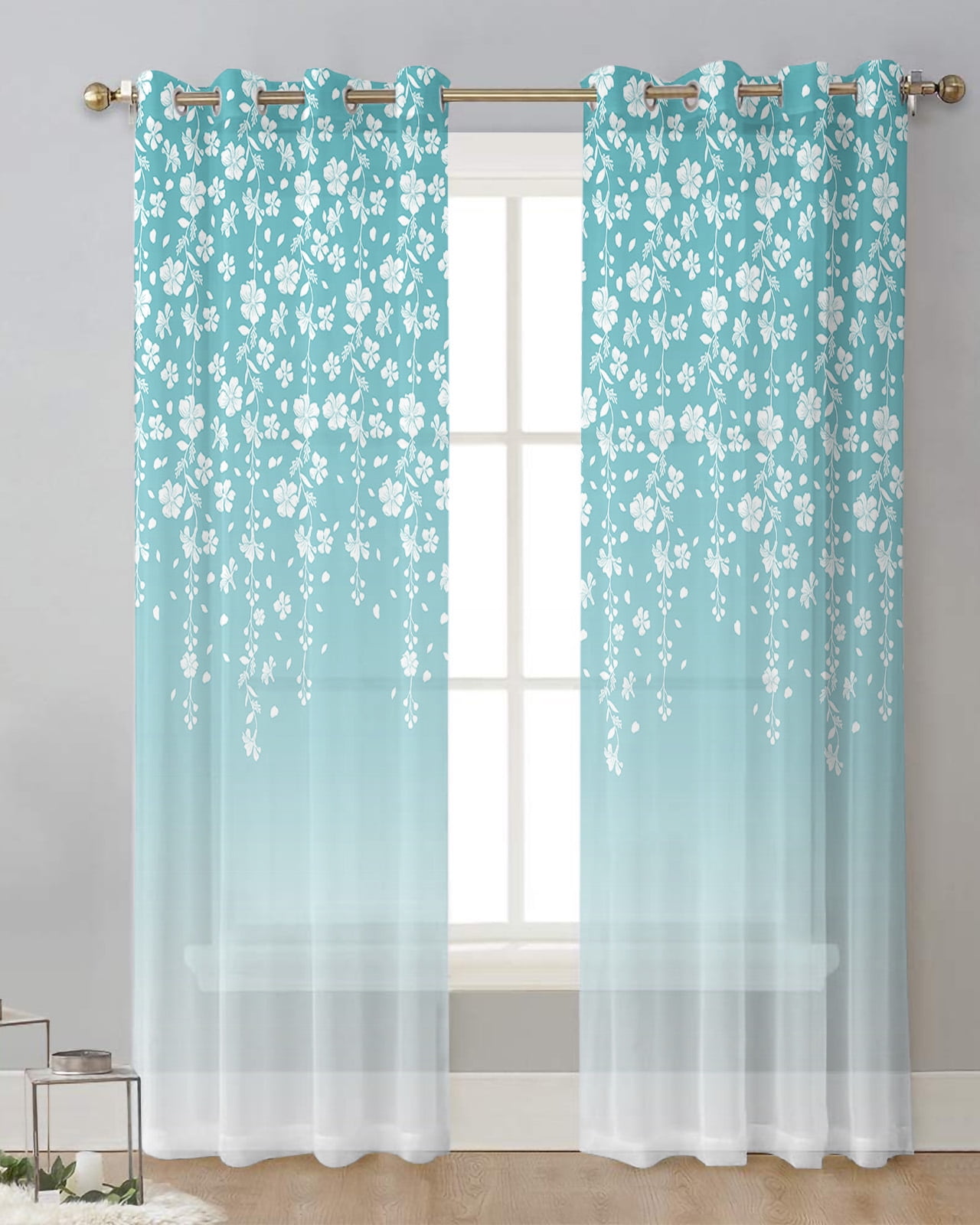 Blue Grey Flower White Background Tulle Living Room ration Transparent