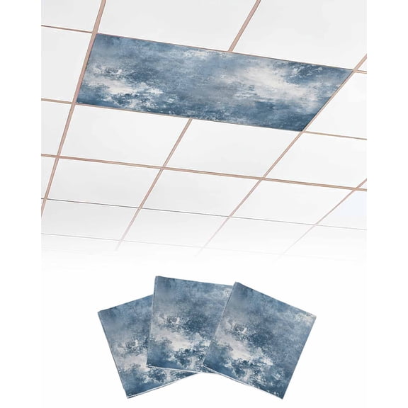 Blue Grey Fluorescent Light Covers for Ceiling Lights 4x2 feet, 3 Pack Magnetic Light Filters for Classroom, Oil Painting Modern Abstract Fluorescent Light Shade Panel for Office School Drop Home