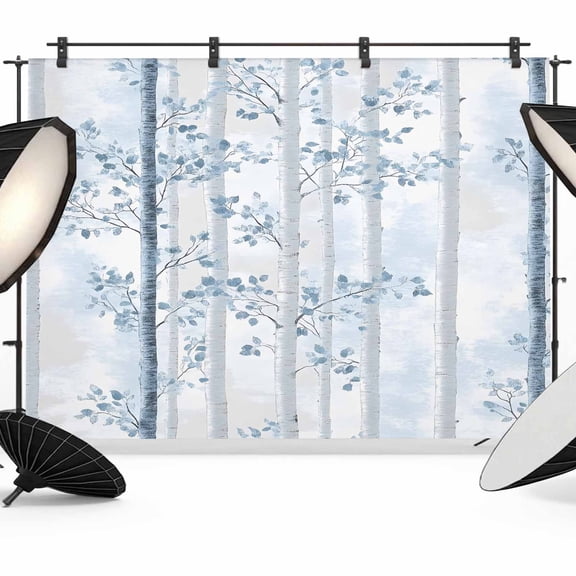 Blue Grey Forest Backdrop for Photoshoot, Photography Photo Studio Background Wall Backdrop, Watercolor Blue Ombre Leaves Back Drop Banner Panel for Portraits Wedding Party Live Streaming Decor 8x6Ft