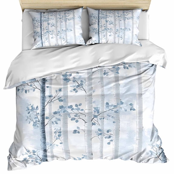 Blue Grey Forest Bedding 3 Piece Duvet Cover Set Queen Size, Watercolor Blue Ombre Leaves Soft Microfiber Comforter Cover with Zipper Closure & Pillowcases, Wrinkle & FadeResistant Quilt Cover