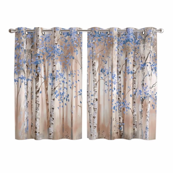 Blue Grey Forest Kitchen Curtains 72 Inch Length, Grey Modern Art Oil Painting Grommet Top Bedroom Living Room Curtains, Light Filtering Cafe Curtain Drapes 2 Panels Set 104''x72''