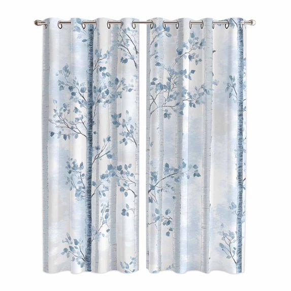 Blue Grey Forest Kitchen Curtains 96 Inch Length, Watercolor Blue Ombre Leaves Grommet Top Bedroom Living Room Curtains, Light Filtering Cafe Curtain Drapes 2 Panels Set 104''x96''
