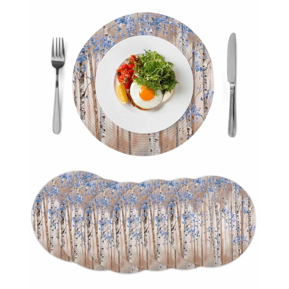 Blue Grey Forest Round 15 Inch Placemats Set of 6, Grey Modern Art Oil Painting HeatResistant Non Slip Place Mats for Dining Table, Wipeable Braided Kitchen Table Mats for Housewarming
