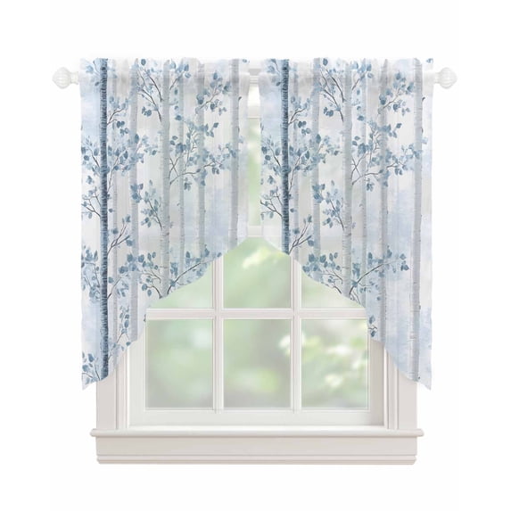 Blue Grey Forest Swag Valances for Windows, Watercolor Blue Ombre Leaves Rod Pocket Sheer Valances for Large Windows, Swag Toppers Light Filtering for Kitchen Living Room 2 Panels 36''x45''