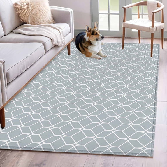 Blue Grey Geometric Area Rugs 2.7'x5', Washable Small Throw Rugs for Kitchen Bedroom, Modern Abstract Blocks Lines Indoor Outdoor Rug Non-Slip Low Pile Carpet Runner Reversible Floor Mats