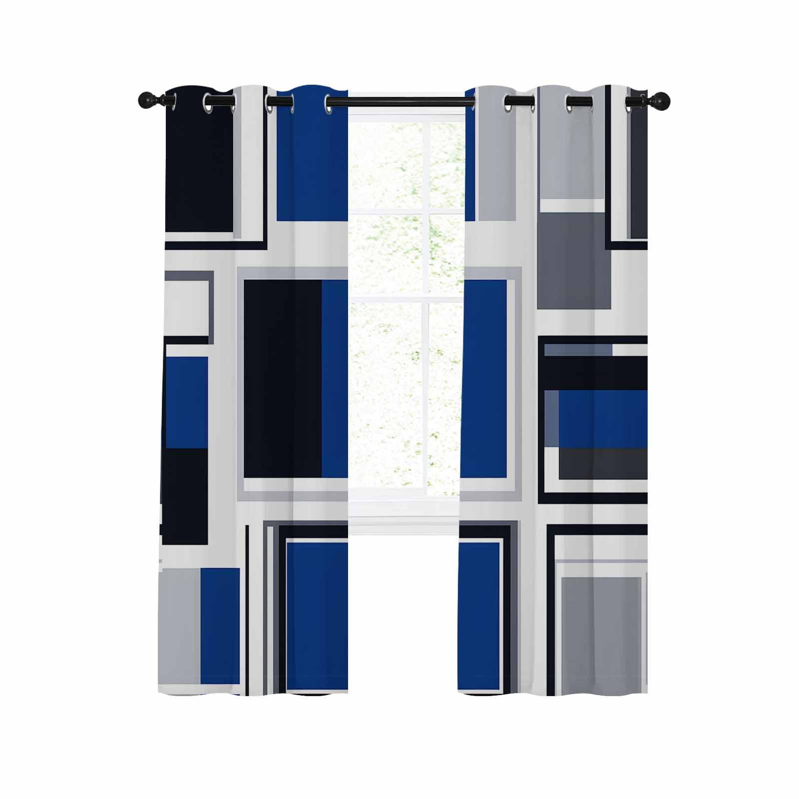 Blue Grey Geometric Blackout Curtains 63 Inches Long for Bedroom