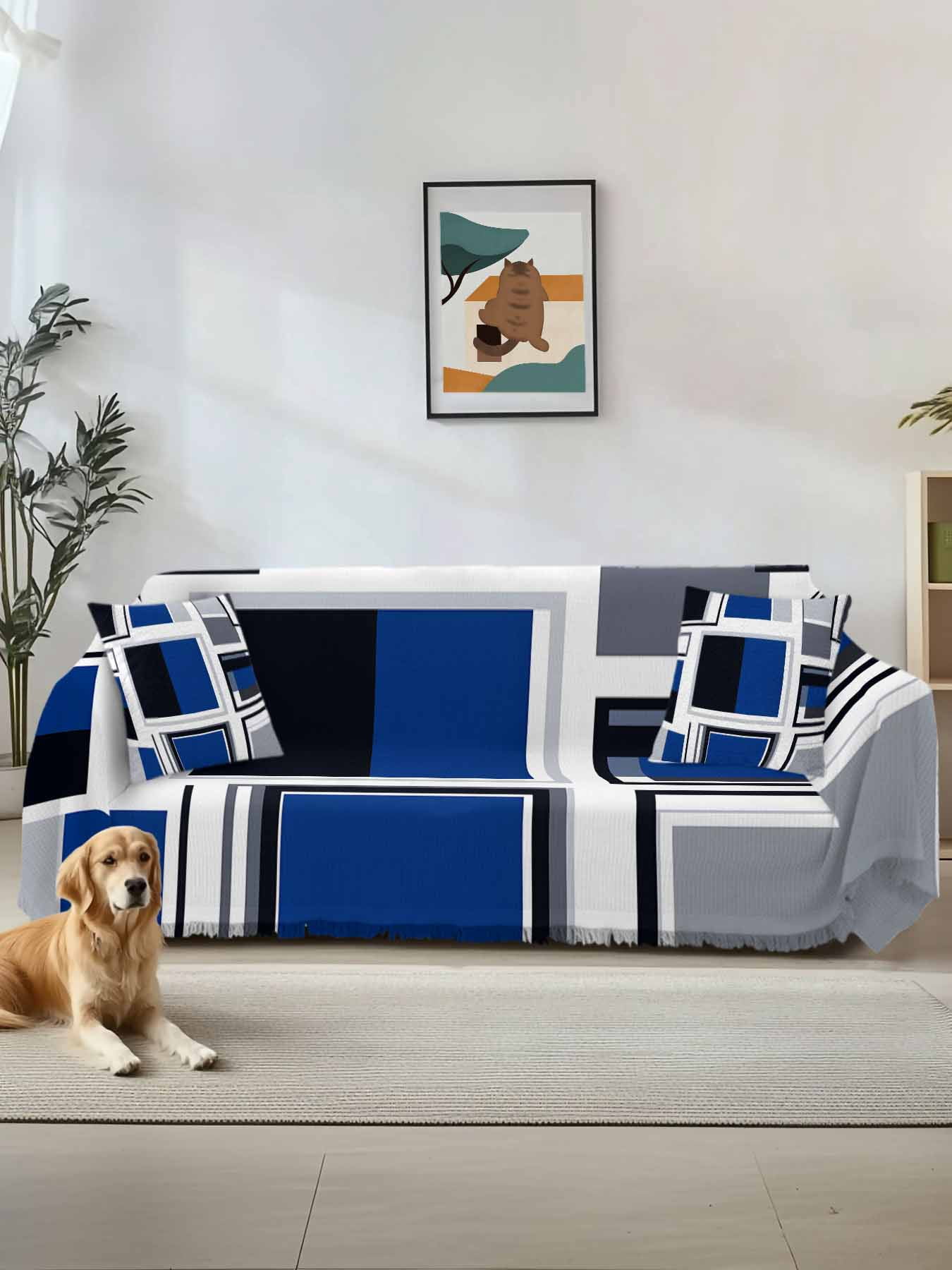 Blue Grey Geometric Couch Cover, Abstract Art Irregular Contemporary Oversized Sofa Cover Blanket for 3 Cushion Couch, Sectional Sofa Slipcover Furniture Protector for Living Room Bedroom 71''x150''