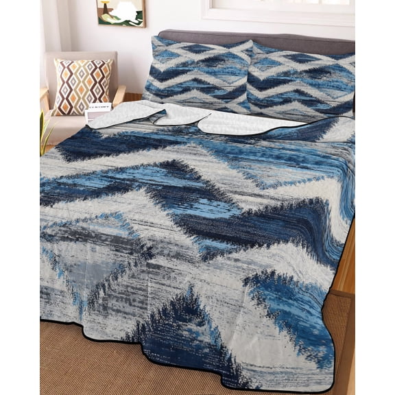Blue Grey Geometric Full Size Down Alternative Comforter, Lightweight Comforter Quilt Bedding Set with Pillow Shams Vintage Shabby Chic Abstract Stripes All Seasons Bed Comforter Duvet Insert 78"x90"
