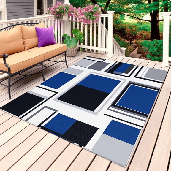 Blue Grey Geometric Outdoor Rug for Patio/Deck/Porch, Non-Slip Large Area Rug 6 x 9 Ft, Abstract Art Irregular Contemporary Indoor Outdoor Rugs Washable Area Rugs, Camping Rug Carpet Runner