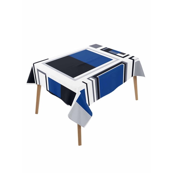 Blue Grey Geometric Rectangle Tablecloth, Abstract Art Irregular Contemporary Waterproof & StainResistant Tablecloth, Washable Oil-proof Table Cover for Dining/Party/Wedding/Camping/Buffet 52x70 In