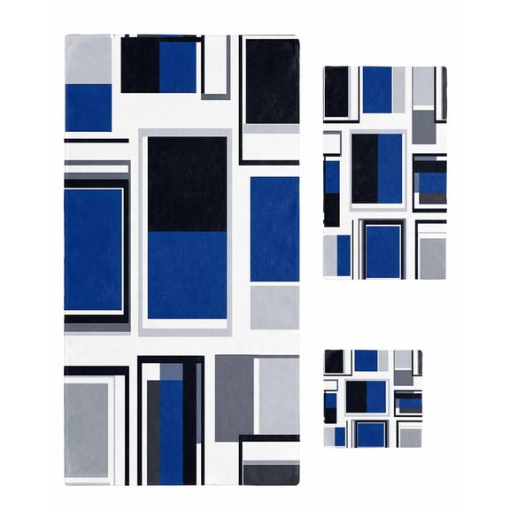 Blue Grey Geometric Towel Set of 3, Soft Microfiber Bath Towels, Hand Towel, Washcloths, Abstract Art Irregular Contemporary Quick-Dry Absorbent Towels for Bathroom Kitchen Hotel Beach Gym Spa