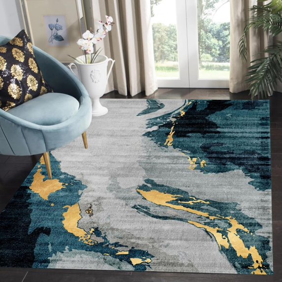 Blue Grey Gold Contemporary Modern Abstract Rug For Livingroom Bedroom Marble Deco Soft Distressed Diningroom Home Office Area Rug Indoor Outdoor Mat Carpet 3x5ft