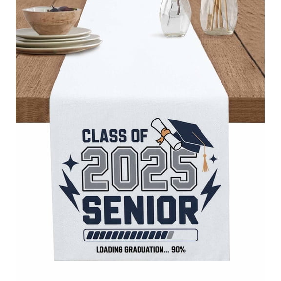 Blue Grey Graduation Season Table Runner 72 Inches, Funny Words Modern Art Bed Runner Dresser Scarves Tabletop for Indoor Outdoor Parties/Ceremony/Banquet, 13" x 72"