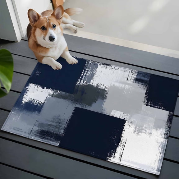 Blue Grey Graffiti Art Front Door Rugs 2x3 ft Abstract Color Block Stitching Modern Art Small Rug for Entryway Non Slip Washable Bathroom Door Mat Absorbent Floor Mat for Indoor Entrance