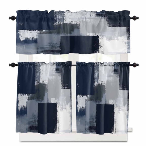 Blue Grey Graffiti Art Kitchen Curtains and Valances Set, Abstract Color Block Stitching Modern Art Rod Pocket Window Valance Window Curtain Panels for Living Room Bedroom, 27.5x24in, 3 Pieces