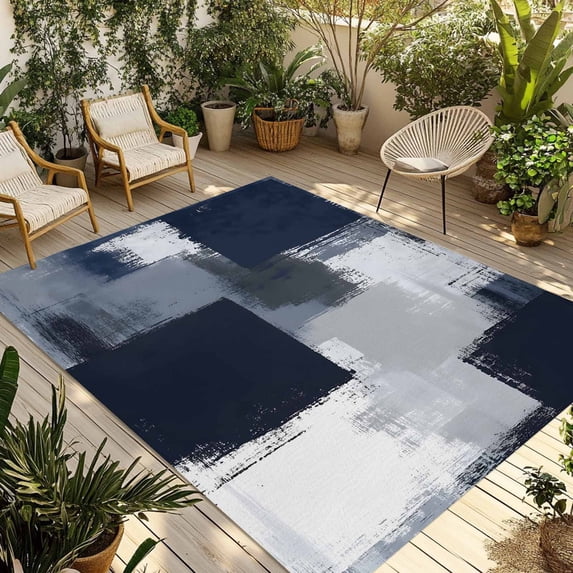 Blue Grey Graffiti Art Outdoor Rug, Abstract Color Block Stitching ...