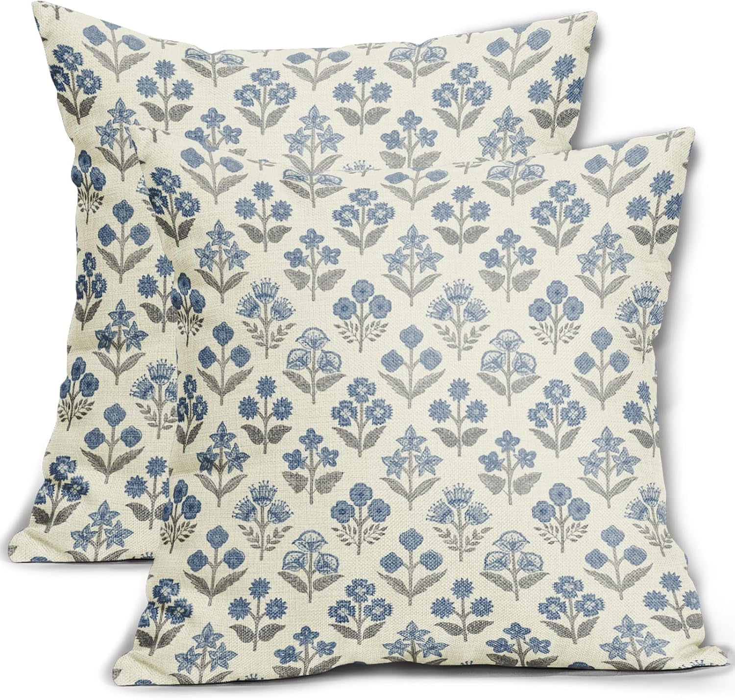Blue Grey Gray Floral Block Print Pillow Covers 20x20 Inch Set of 2
