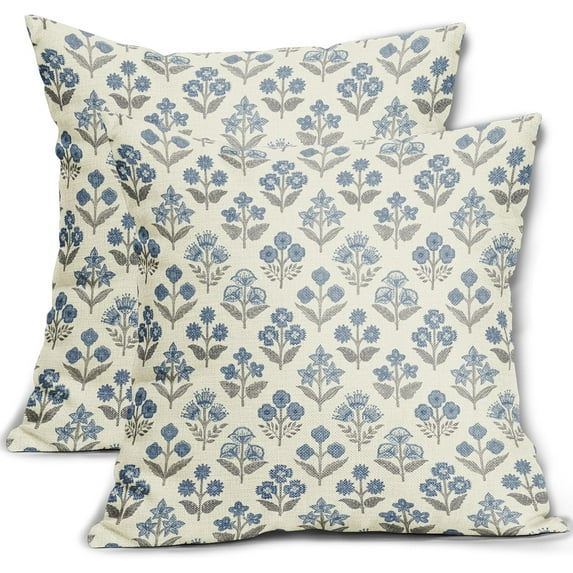 Blue Grey Gray Floral Block Print Pillow Covers 20x20 Inch Set of 2, Vintage Flower Pattern Decorative Throw Pillowcases Outdoor Farmhouse Cushion Covers Spring Summer Rustic Sofa Couch Bed Decor