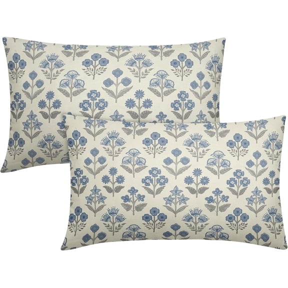 Blue Grey Gray Floral Pillow Covers 12x20 Inch Set of 2, Block Print Lumbar Flower Cream Decorative Throw Pillowcases Outdoor Farmhouse Rectangle Cushion Covers Spring Summer Sofa Couch Bed Decor