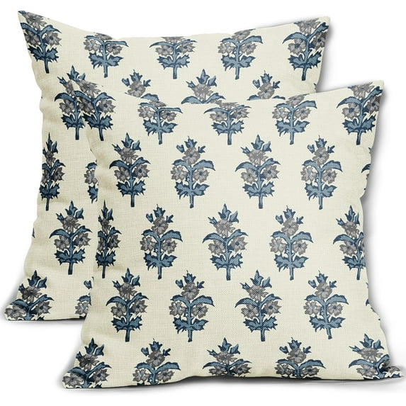 Blue Grey Gray Floral Pillow Covers 18x18 Set of 2 Spring Summer Flower Leaves Print Decorative Throw Pillow Cases Outdoor Farmhouse Decoration for Sofa Couch Bed