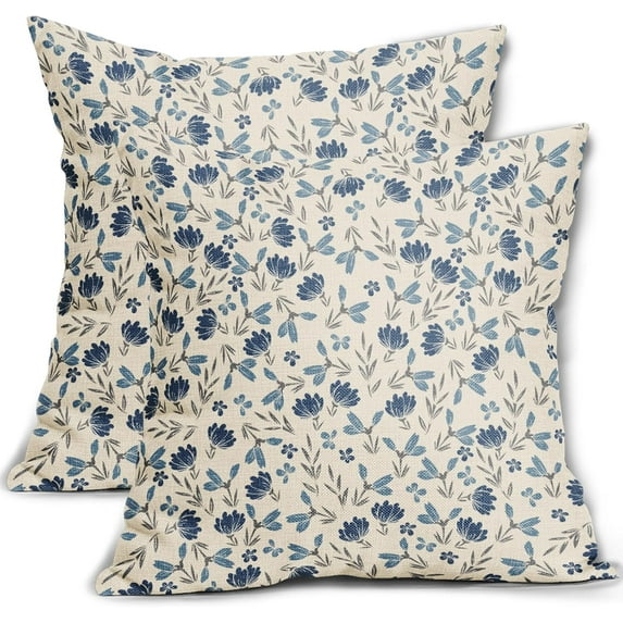 Blue Grey Gray Floral Pillow Covers 18x18 Set of 2 Vintage Rustic Old Style Cute Small Flower Print Decorative Outdoor Pillowcases Farmhouse Throw Cushion Case Decor for Couch Sofa Bed