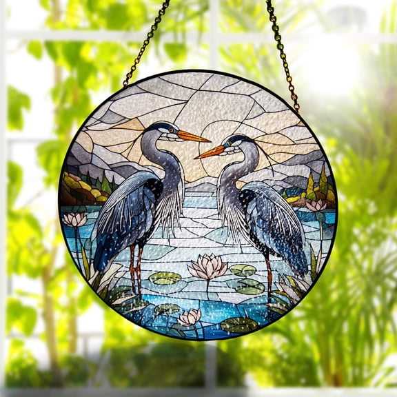 Blue Grey Herons Couple Glass Suncatcher, Perfect Nature Landscape Home Décor for Bird Lovers and Couples Gift