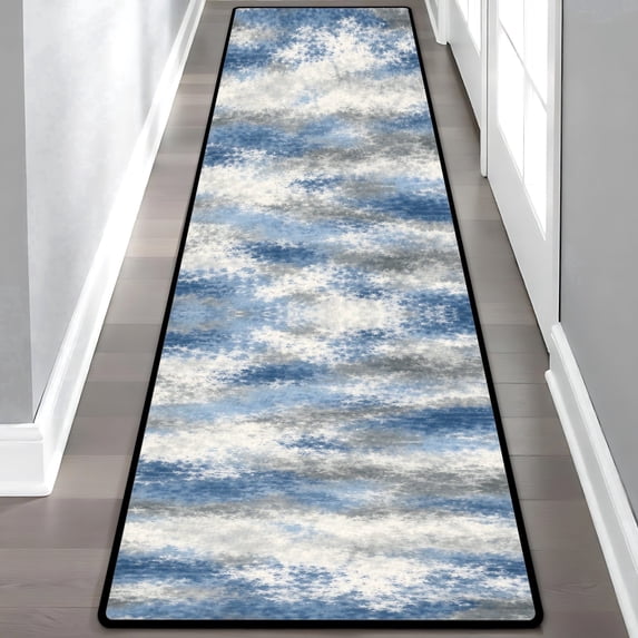 Blue Grey Horizontal Cloud Hallway Runner Rug, 60x18 Inches Modern Tie-Dye Long Floor Mat, Non-Slip Washable Contemporary Art Rug for Entryway Kitchen