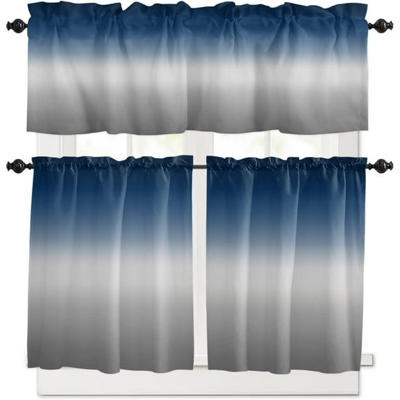 Blue and Grey Kitchen Curtain Valance and Tiers Set Ombre Blue Gray Rod Pocket Kitchen Tier Curtain Valance Set 3 Piece Gradient Gradual Modern Window Curtain Valance Tier Set for Bedroom 54x36 inch