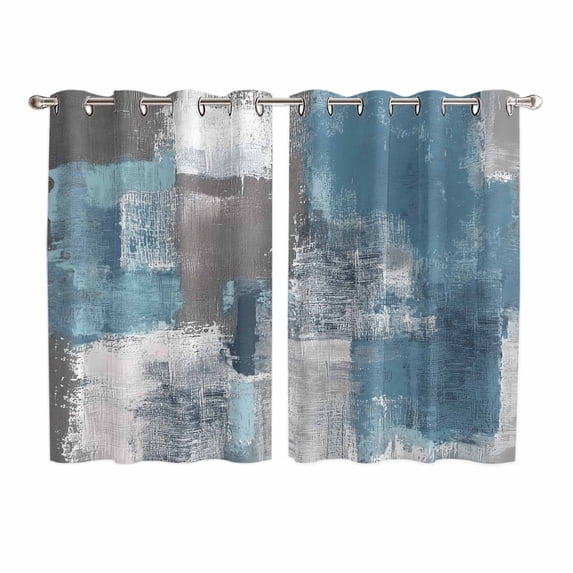 Blue Grey Kitchen Curtains 63 Inch Length, Modern Oil Painting Art Abstract Grommet Top Bedroom Living Room Curtains, Light Filtering Cafe Curtain Drapes 2 Panels Set 104''x63''