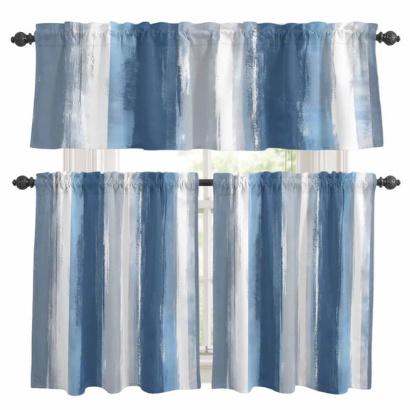 Blue Grey Kitchen Curtains Sets for Windows 24 Inch Length, Modern Watercolor Abstract Art Rod Pocket Window Treatments Tier Curtains and Valances Set for Bedroom/Bathroom